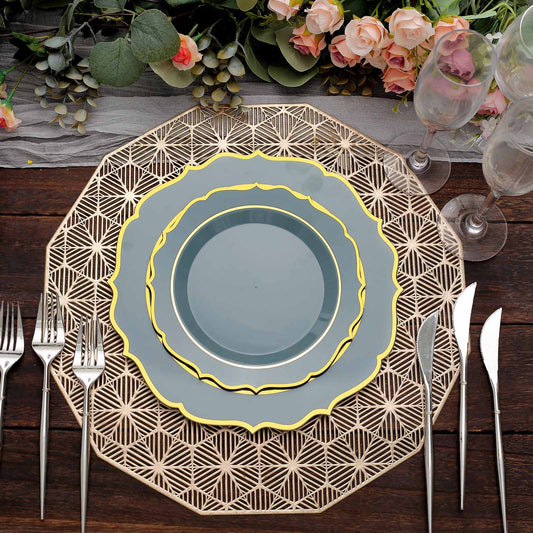 10 Pack 8" Dusty Blue Plastic Dessert Salad Plates, Disposable Tableware Round With Gold Scalloped Rim